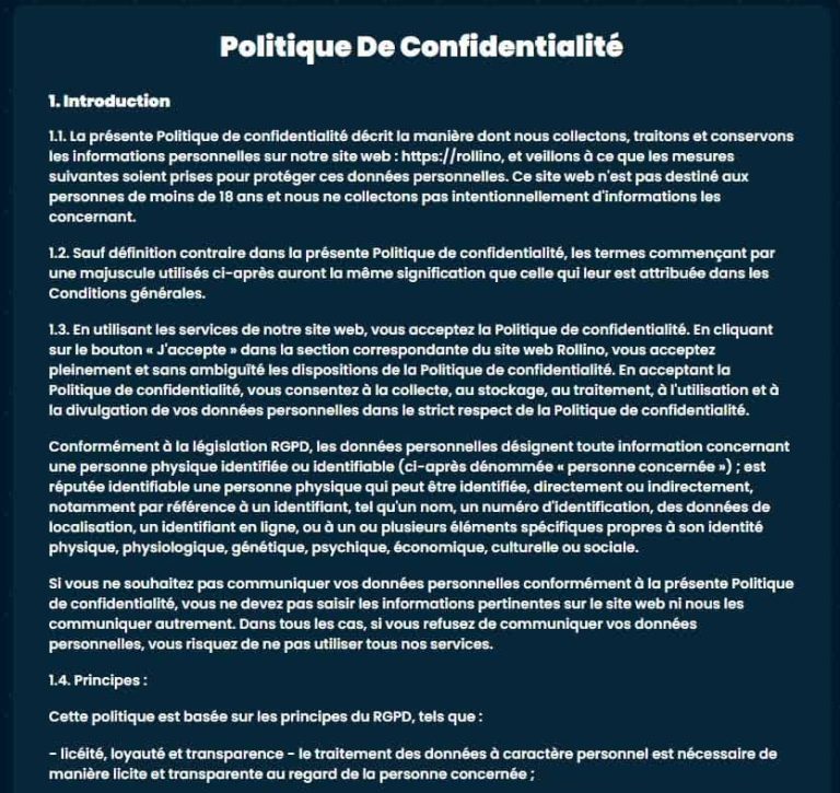Rollino Casino politique confidentialité